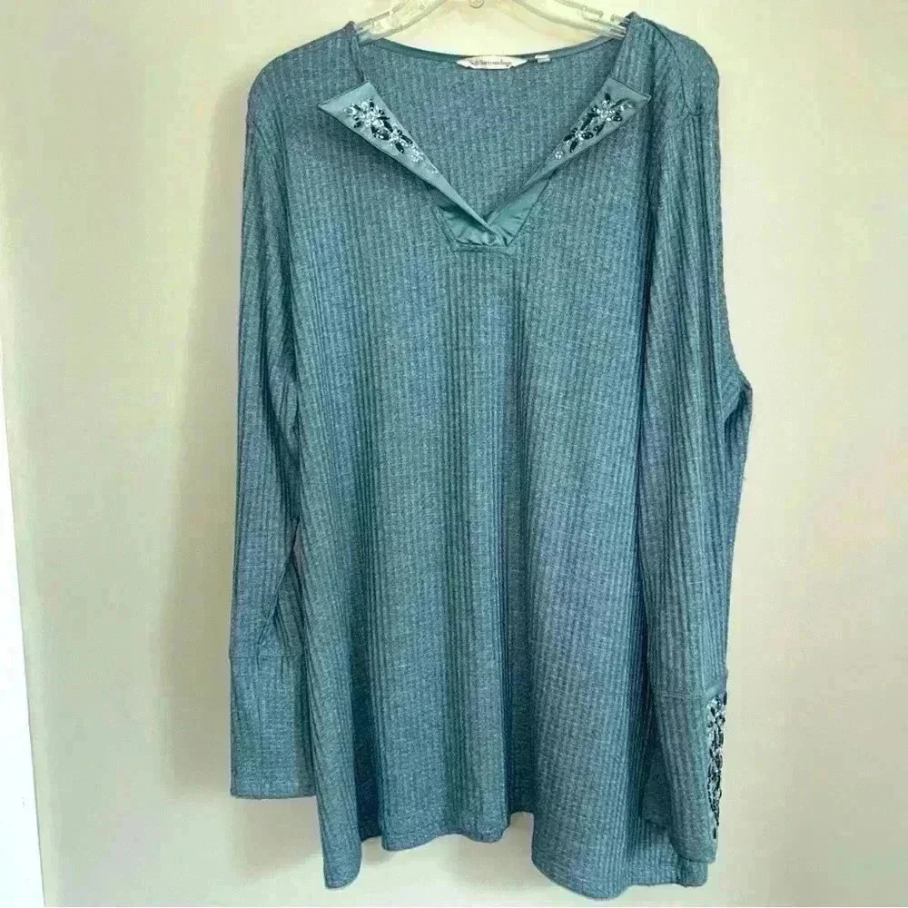 Soft Surroundings Valette Embellished Collar Waffle Knit, Blue, Woman's 2X